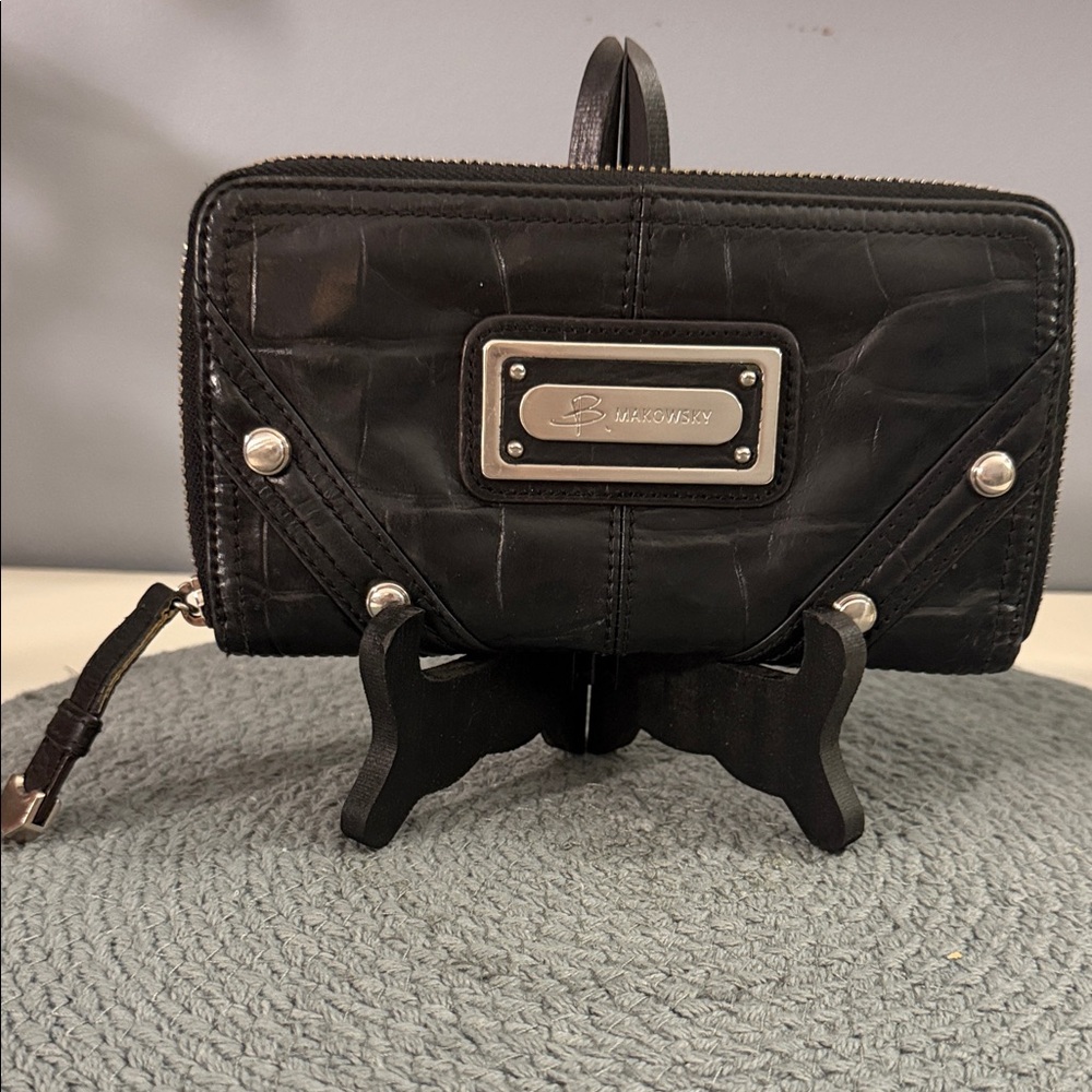 b. makowsky Black Croc-Embossed Leather Wristlet